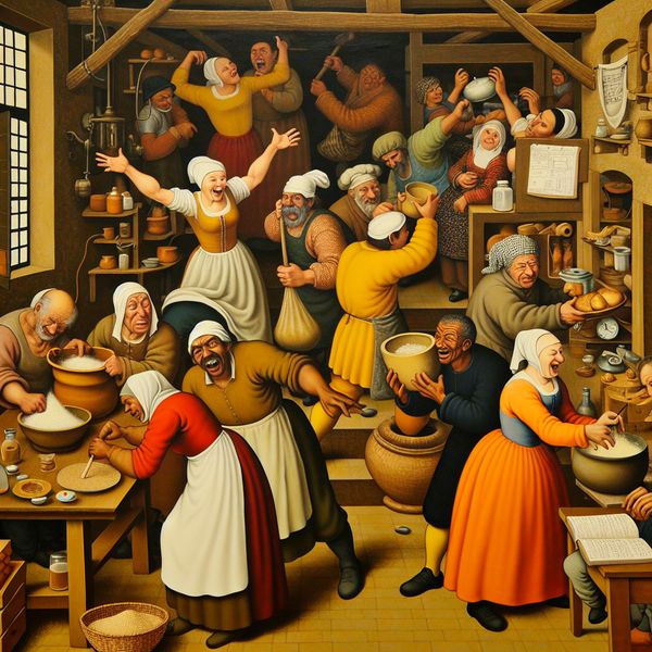 Druk Nederlands huishouden of werkplaats in chaotische stijl van Jan Steen, met mensen die verschillende stappen van een proces uitvoeren zoals mengen, verpakken en administratie bijhouden, ter illustratie van een ontwikkeling of werkwijze