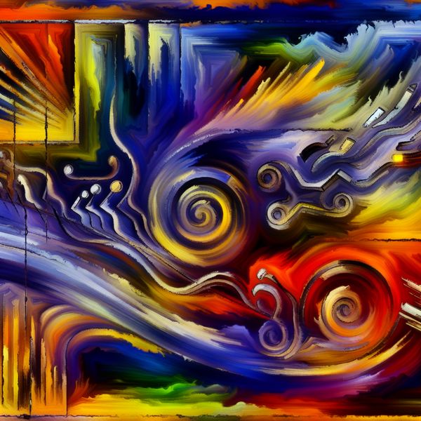 Creatieve Evolutie van Productontwikkeling Abstracte expressie van een productontwikkelingstijdlijn met kleurrijke penseelstreken en schetsen.