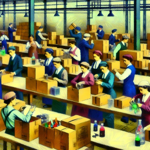 Productverpakking in een druk magazijn Drukke magazijnscène waarin werknemers zorgvuldig goederen in kartonnen dozen verpakken, met een focus op detail en een modern retro-futuristisch ontwerp.