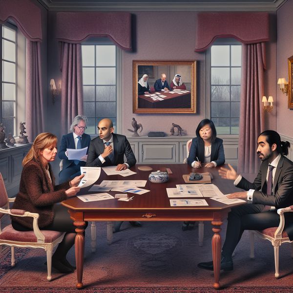 Kantoorscène met professionals in een vergadering over begrotingssnijdingen, met een bezorgde werknemer die naar hun kleinere salaris kijkt.
