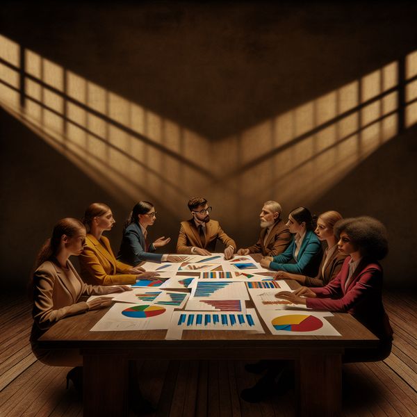 Groep van diverse professionals rond een houten tafel, bespreken grafieken en diagrammen