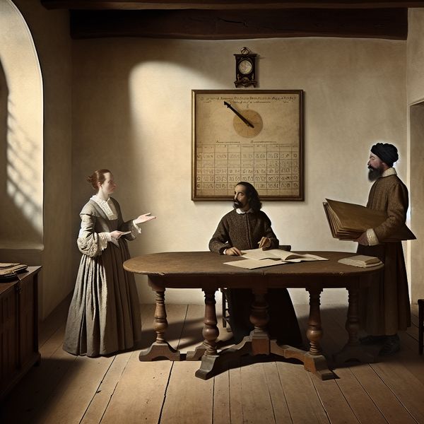 Professionals in historische kleding bespreken belangrijke beslissingen Drie professionals in ouderwetse kleding zitten aan een houten vergadertafel en bespreken een afspraak, omringd door zachte, diffuse belichting.