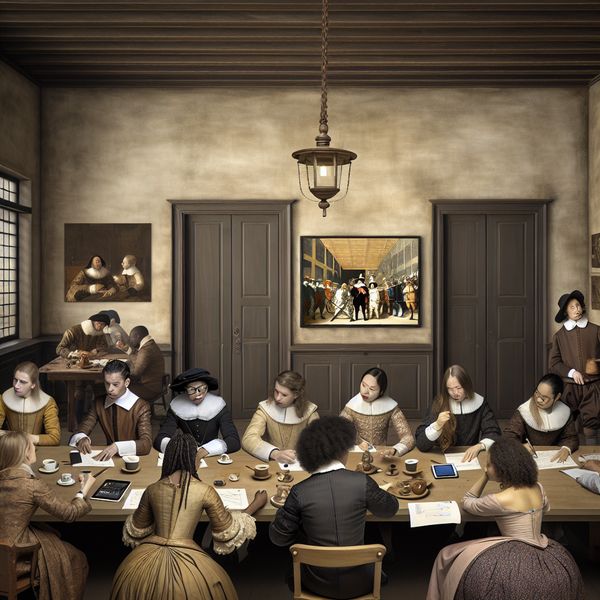 Professionals in een 17e-eeuwse stijl kantoor samenwerken aan educatieve projecten Professionals samenwerken aan een project aan een grote houten tafel, met elegante details in 17e-eeuwse stijl