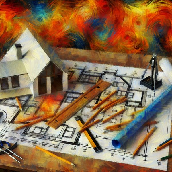 Abstract expressionistisch ontwerp van een modern huis blauwdruk met precisiegereedschap op houten tafel, vakkundig en gedetailleerd uitgewerkt