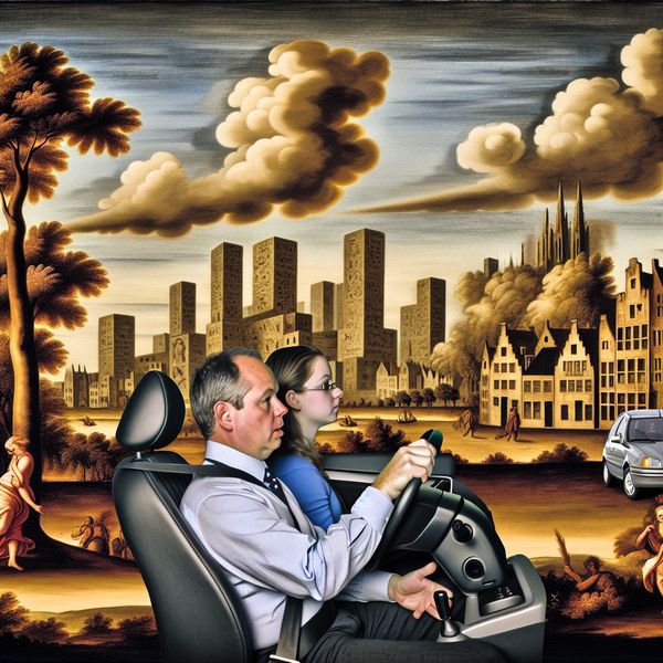 Professionele autorijles in een levendige stad Een autorijles in een stedelijk landschap met een instructeur en een vrouwelijke student in een auto.