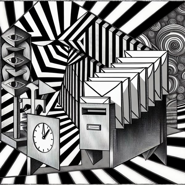 Professionele brief verzenden in surrealistische stijl Surrealistische afbeelding van een professionele brief die wordt verzonden, met een geometrische mailbox in een Escher-achtige omgeving.