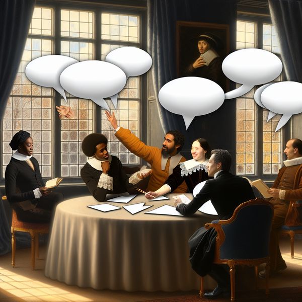 Professionele discussies in een vergaderzaal - ideeën uitwisselen Vergaderzaal met diverse professionals die actief discussiëren en ideeën uitwisselen met tekstballonnen.