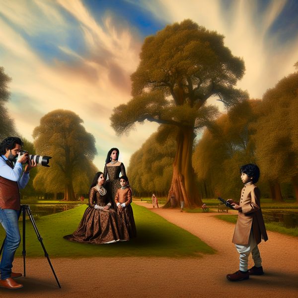 Familieportret fotoshoot in natuurlijke setting met dramatische luchten en weelderig groen Professionele fotoshoot in een weelderig park met een fotograaf die een familie portretteert, geïnspireerd op de stijl van Jacob van Ruisdael