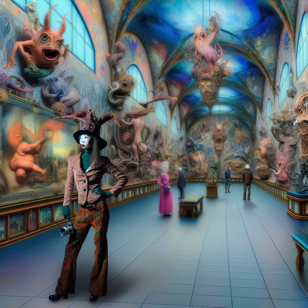 Professionele kunstenaar in surrealistisch museum Professionele kunstenaar in surrealistische museumomgeving met bizarre sculpturen en levendige schilderijen