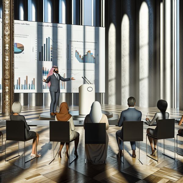 Professionele presentatie in een moderne conferentiezaal Een man in een formeel kostuum staat bij een podium in een moderne conferentiezaal en presenteert informatie op een groot scherm met grafieken.