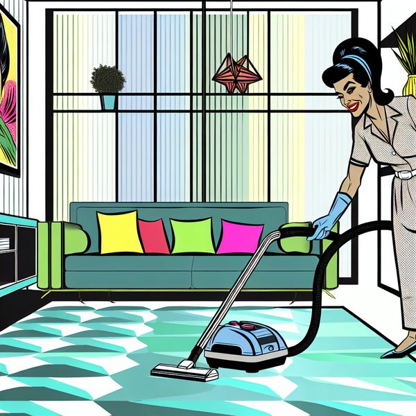 Professionele Schoonmaakster in Retro-Futuristische Woonkamer Professionele schoonmaakster in een modern retro-futuristisch woonkamer tijdens een intensieve schoonmaakbeurt.