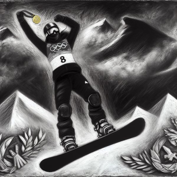 Triomfantelijke snowboarder met gouden medaille op Olympisch podium, dynamische sprong in donkere, symbolische scène met besneeuwde bergen en dramatische lucht