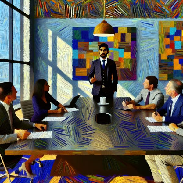 Professionele vergadering met diverse collega's, een jonge man in een net pak aan het hoofd van de tafel, kleurrijke abstracte kunst op de muren.