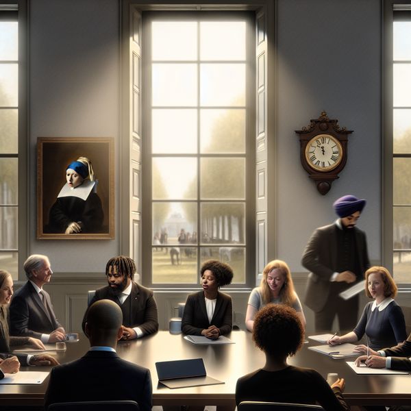 Professionele Vergadering in een Formele Vergaderruimte Diverse professionals aan een formele vergadertafel, in gesprek met laptops en documenten.