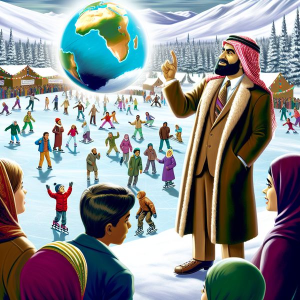 Een professor staat op een heuveltop en wijst naar een kleurrijke wereldbol, terwijl studenten nieuwsgierig naar hem luisteren in een levendig winterlandschap.