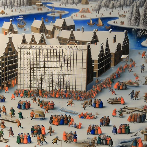 Projectplanning met afkorting 'M.' voor maand in winterse setting Winterlandschap met projectplanningsbord waarop afkorting 'M.' voor 'maand' staat, omringd door figuren die winteractiviteiten ondernemen