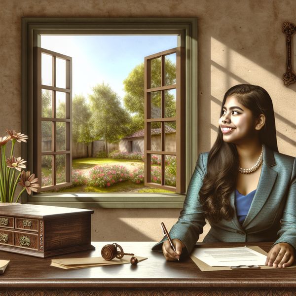 Promotiegevierd in een serene kantooromgeving Jonge vrouw die blij is na een promotie in een serene kantooromgeving, met een prachtig houten bureau en een boeket verse bloemen.