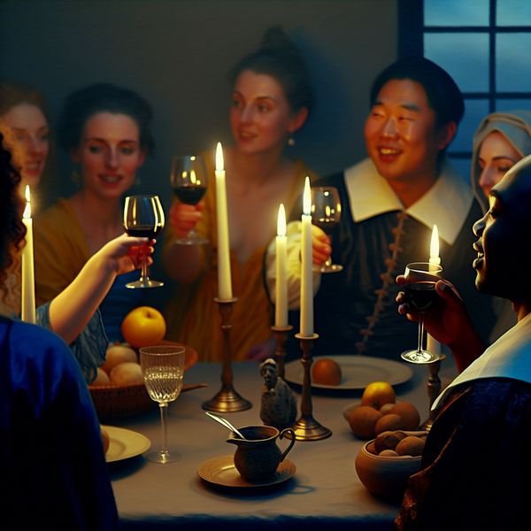 Twee mensen proosten met een glas wijn tijdens een intiem kaarslichtdiner in de stijl van Vermeer, gezondheid toewensend