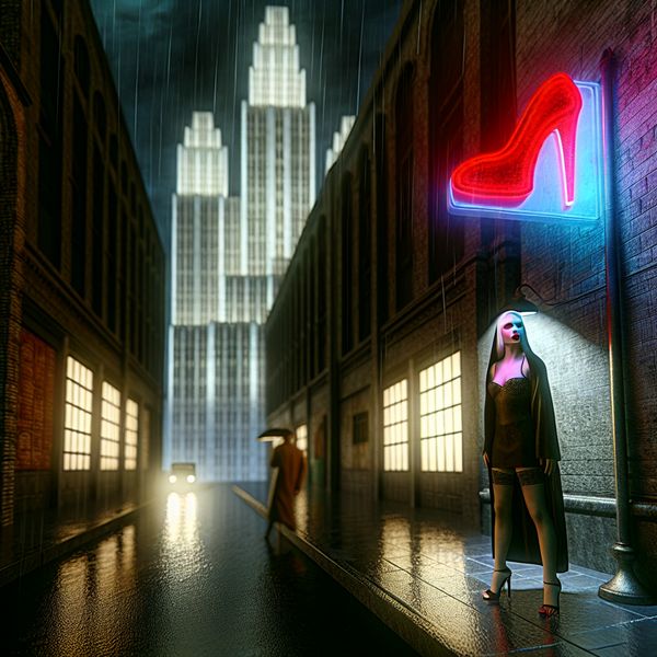 Surrealistisch tafereel prostituee in regenachtige steeg met neon schoen - Carel Willink stijl Vrouw in regenachtig steegje onder neon schoenreclame, symboliserend negatieve connotatie van zich prostitueren