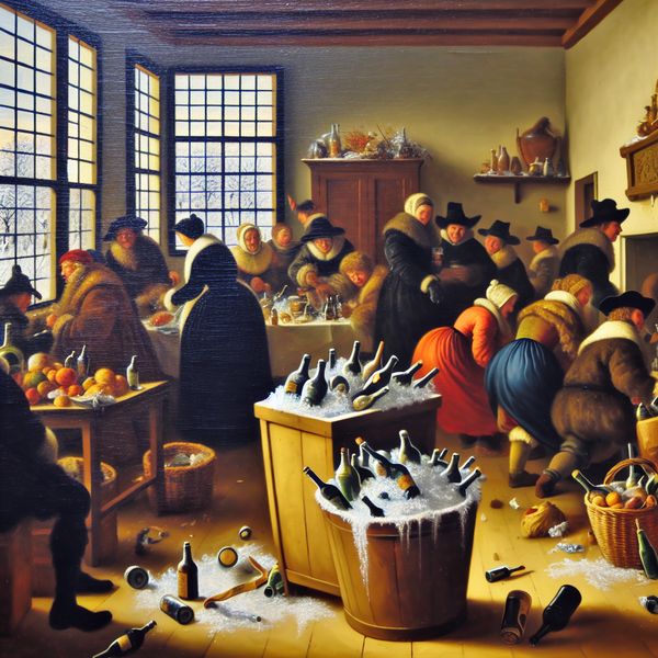Gezellige winterkamer met prullenbak en feestelijke activiteiten Een gezellige kamer in de winter met een overvolle prullenbak en mensen die feestelijke activiteiten ondernemen.