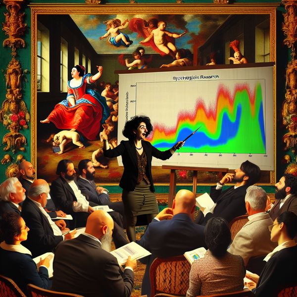 Een middelbare vrouwelijke psycholoog presenteert haar onderzoek aan een diverse groep mensen in een Barok stijl omgeving met kleurrijke grafieken op een groot canvas.