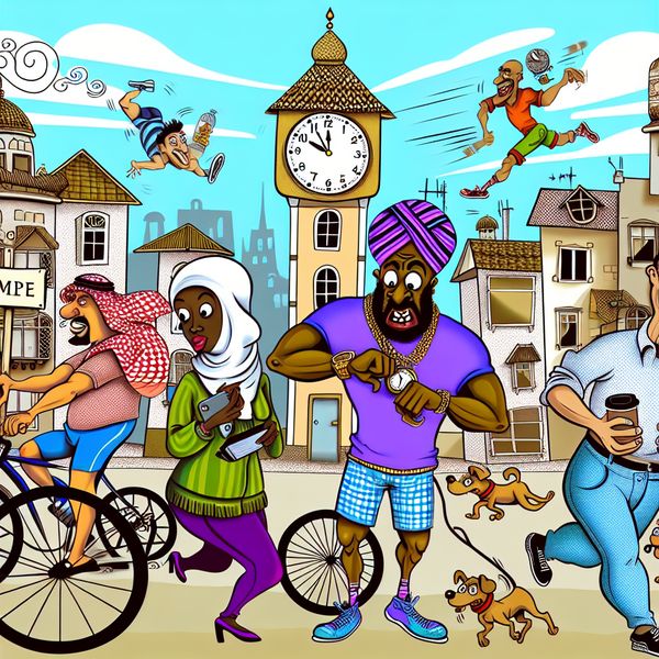 Punctuele Aankomsten in een Drukke Stad - Cartoon Een kleurrijke cartoon van een drukke stad met mensen die op tijd aankomen voor een sociale bijeenkomst, waaronder een fietser, een jogger en iemand die kalm wandelt met koffie.