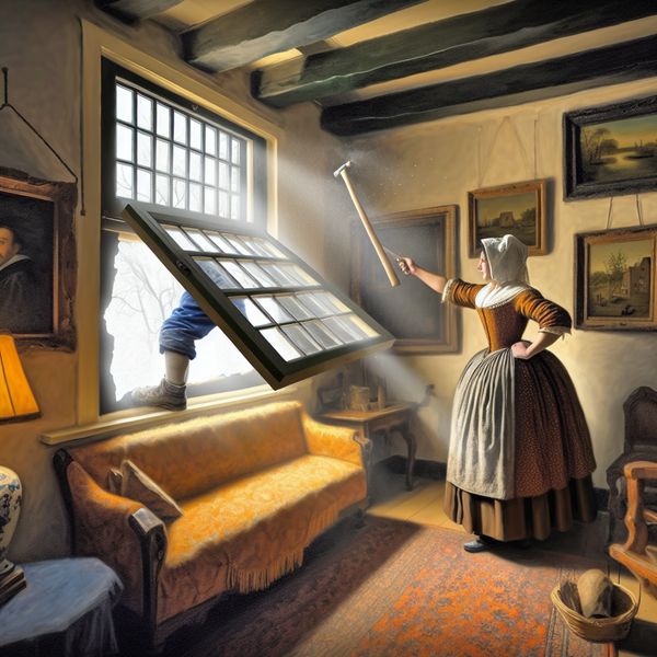Installatie van een nieuw raam in een gezellige woonkamer Een vrouw in een gezellige woonkamer houdt toezicht op de installatie van een nieuw raam terwijl het oude raam wordt verwijderd.