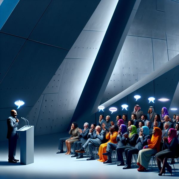 Hyperrealistisch surrealistisch tafereel van een spreker op een podium die een rake opmerking maakt, met een lachende publiek en zwevende scherpe spraakballonnen in een monumentale zaal
