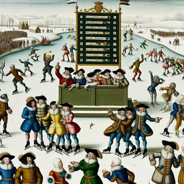 Leiderbord met rangorde tijdens een levendige schaatswedstrijd op een bevroren kanaal in winterse sfeer, met team op de eerste positie die viert