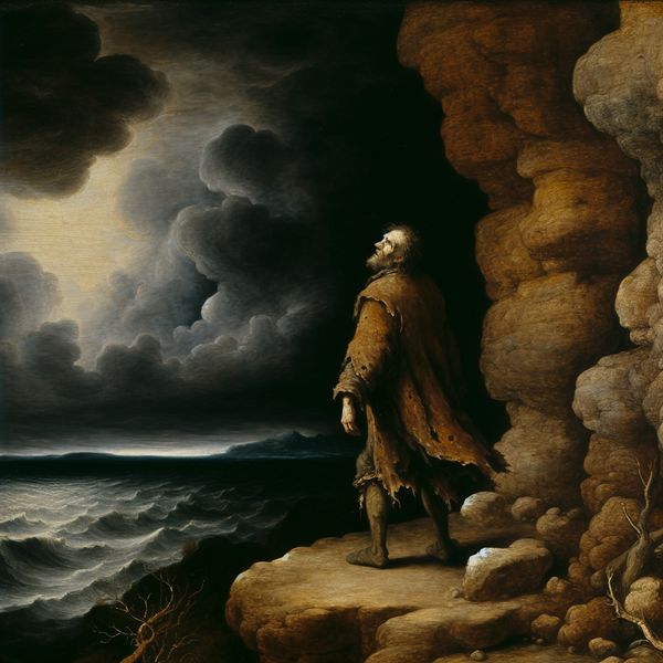 Een eenzame rebel staat op de rand van een rotsachtige klif en kijkt naar een woelige zee, weerspiegeld door stormachtige wolken.