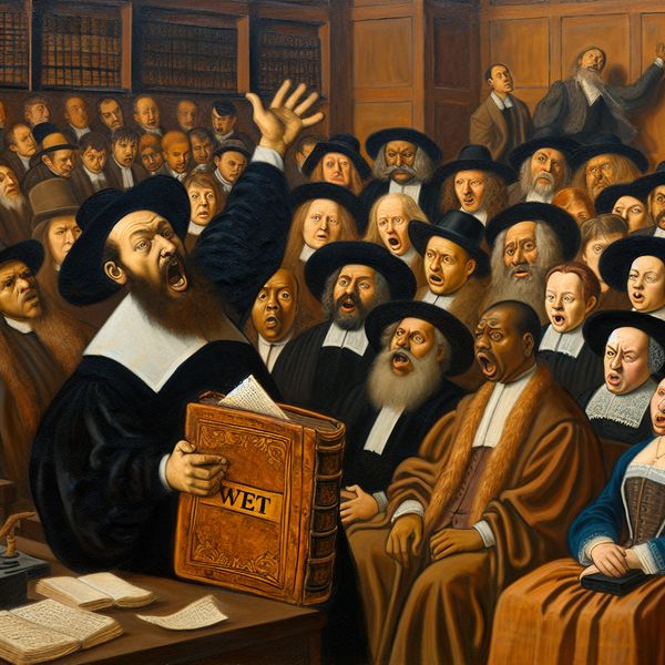 Levendige rechtbankscène met advocaat en wetboek Een levendige rechtbankscène met een gepassioneerde advocaat die verwijst naar een groot boek getiteld 'Wet' terwijl diverse toeschouwers hun reacties tonen.