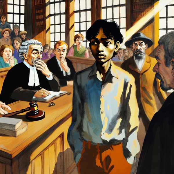 Jongeman rechterlijke zaak schuldgevoel diefstal Jonge man staat in de rechtbank, met een spijtige blik terwijl hij terechtstaat voor diefstal.