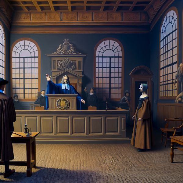 Een rechtbankscene met een rechter die een verdachte toespreekt.