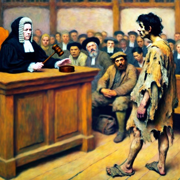 Rechtszitting: De rechter velt een vonnis Een rechtbankscène met een strenge rechter achter een grote houten bank, die een jonge man aankijkt terwijl hij een hamer vasthoudt.