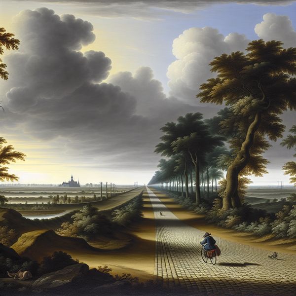 Rechtdoor fietsen op historische Nederlandse weg - routebeschrijving en landschap 17e-eeuws Hollands landschap met een eenzame fietser op een rechte kasseienweg die rechtdoor naar een treinstation leidt, in de stijl van Jacob van Ruisdael