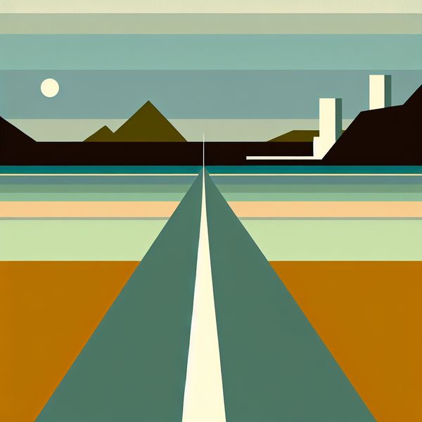 Illustratie van een perfect rechte weg die zich uitstrekt in de verte, zonder bochten of krommingen, in een retro-futuristische stijl