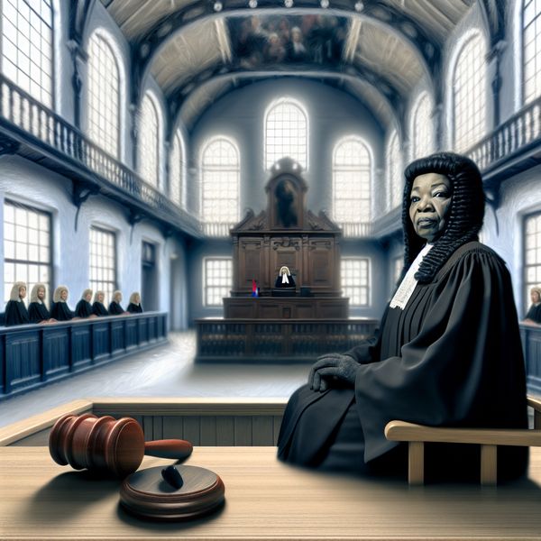 Hyperrealistisch schilderij van een rechter in zwarte toga met hamer in een surrealistische rechtszaal, geïnspireerd op Carel Willink