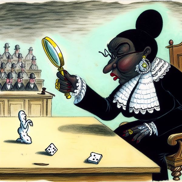 Rechter waardeert bewijsstuk in speelse cartoon rechtszaal - taalleer illustratie Cartoonachtige rechter die een klein bewijsstuk onderzoekt met een vergrootglas in een speelse rechtszaal, symbool voor het beoordelen van waarde of belangrijkheid