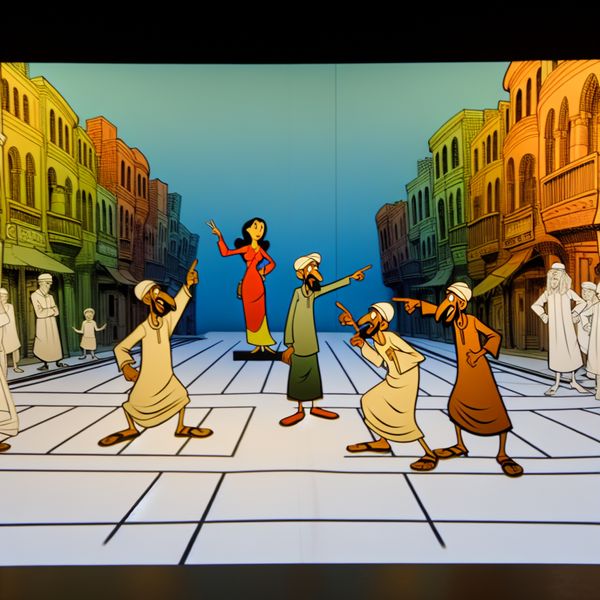 Rechterkant aangeven in het Nederlands - Richtingaanduiding voor taalstudenten Cartoonachtige straatscene met expressieve personages die de rechterkant aanwijzen bij een kruispunt, richtingaanduiding in Nederlands leren