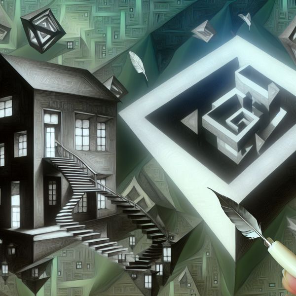 Rechterkant uitleggen met surrealistische Escher-tekening voor taalonderwijs Surrealistisch huis in Escher-stijl met nadruk op de rechterkant, een deur die een onmogelijke trap onthult en een hand die 'rechterkant' schrijft op een zwevend formulier