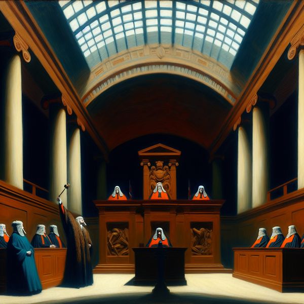 Hyperrealistisch schilderij van een imposante rechtszaal met drie rechters die een uitspraak doen, een advocaat en een opgeluchte gedaagde, in surrealistische stijl met neoklassieke architectuur en dramatische belichting