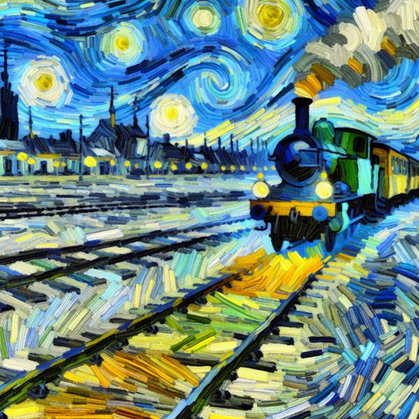 Vibrante schilderij in Van Gogh-stijl van een stoomlocomotief die rechtstreeks over een spoor naar de skyline van Amsterdam rijdt, symbool voor een directe verbinding zonder omwegen