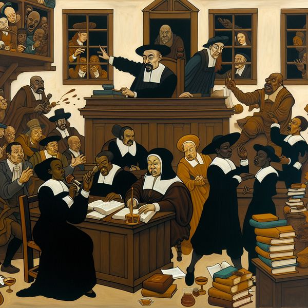 Rechtszaak in historische stijl: levendige gerechtszitting met advocaat en rechter Druk en gedetailleerd gerechtshof tafereel in de stijl van Jan Steen, met een advocaat, rechter, beklaagde en toeschouwers tijdens een rechtszaak