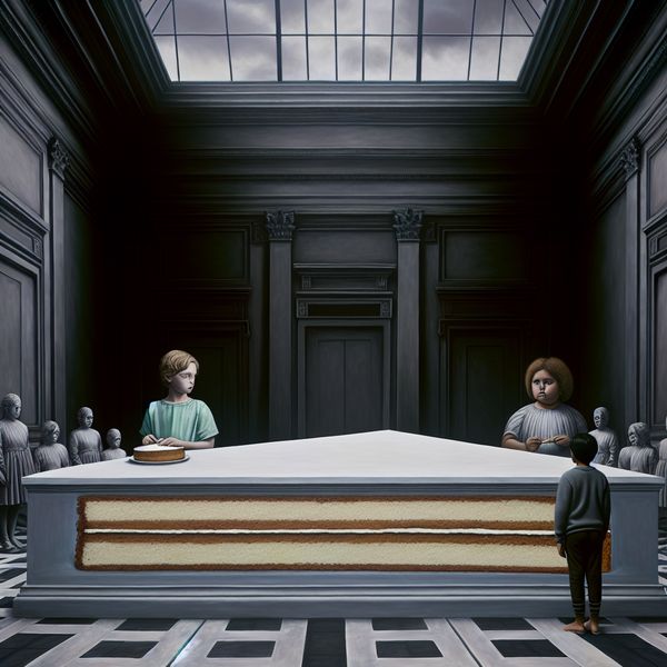 Twee kinderen aan een grote tafel met een taart, waarbij één kind een veel groter stuk taart vasthoudt dan het andere, symboliserend ongelijkheid en rechtvaardigheid in de stijl van Carel Willink