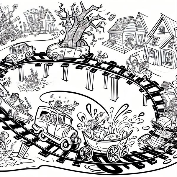 Cartoonachtige trein van rampen die een reeks van vergelijkbare gebeurtenissen illustreert, in de stijl van Marten Toonder
