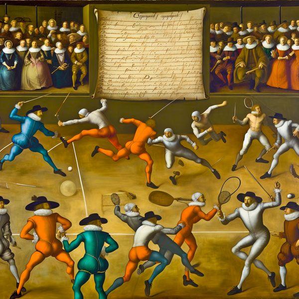 Reeks van wedstrijden in sportcompetitie - historische schilderkunst Dynamische sportcompetitie met meerdere wedstrijden op een lijst, geschilderd in de levendige stijl van Frans Hals