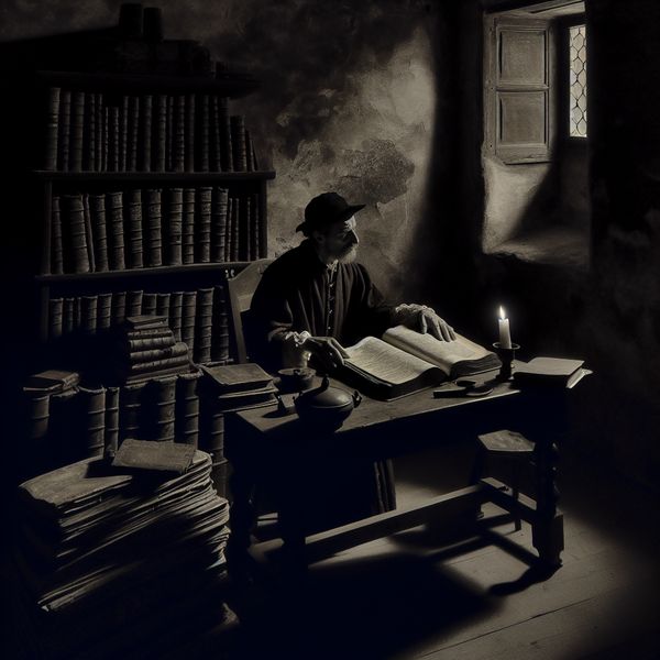 Reflectie over de betekenis van taal in een historische omgeving Een persoon zit in een dimverlichte kamer vol oude boeken en een open woordenboek op een houten tafel, diep in gedachten over de betekenis van woorden.