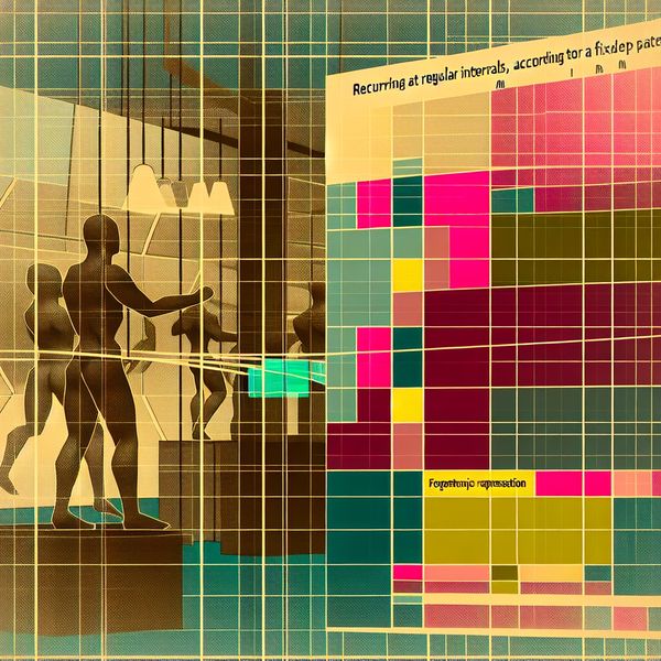 Regelmatige trainingsschema illustratie voor taalonderwijs en structuur Persoon traint volgens een vast schema in een retro-futuristische sportschool met een geplande routine op de achtergrond