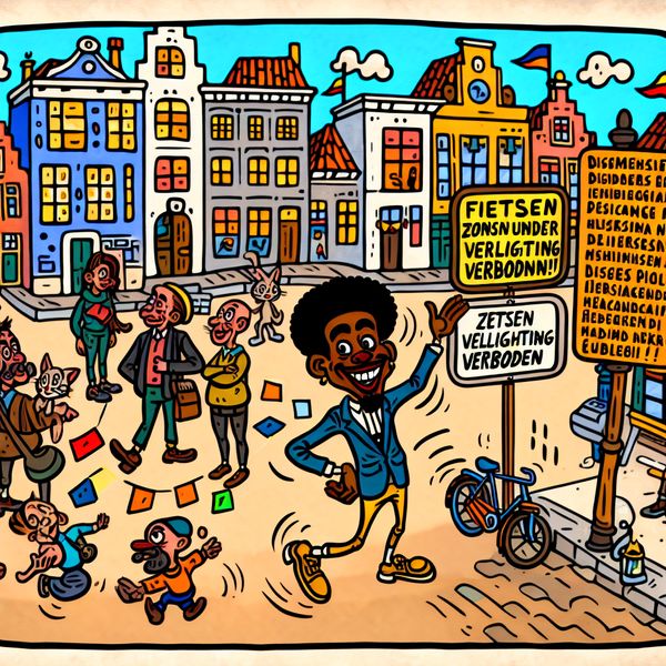 Speelse regels in het stadsplein: Fietsen zonder verlichting verboden Een cartoonachtige afbeelding van een levendig stadsplein met inwoners die interactie hebben met kleurrijke borden over regels. Een vrolijke figuur wijst naar een bord met de tekst 'Fietsen zonder verlichting verboden'.