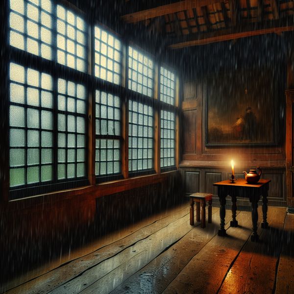 Intiem 17e-eeuws Nederlands tafereel met regen buiten, verlicht door kaarslicht en natuurlijk licht door een beslagen raam